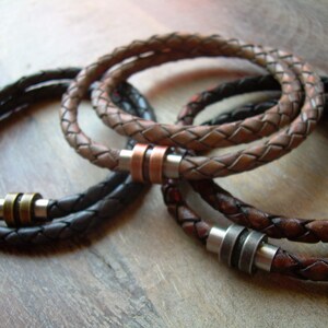 5mm Braided Leather Bracelet, Double Wrap Style, Premium Quality Cord, Antique Toned Magnetic Clasp, Stainless Steel Hardware, Custom Sized