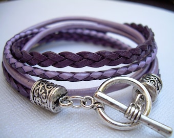 Pulsera de cuero morado: cierre de palanca de doble vuelta, hecha en EE. UU.