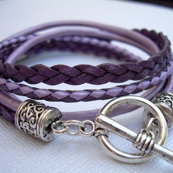 Purple Leather Bracelet: Double Wrap Toggle Clasp, Made in USA