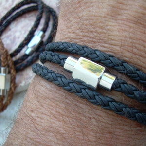 Triple Wrap Braided Leather Bracelet with Hexagon Shaped Stainless Steel Magnetic Clasp