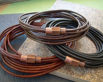 Triple Wrap Leather Bracelet with Copper Magnetic Clasp, Multi Strand Leather Bracelet, Leather Bracelets for Men, Mens Bracelets Leather,