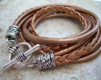 Leather Bracelets for Women, Triple Wrap Metallic Copper Leather Bracelet with Antique Silver Hardware, Womens Leather Bracelet,