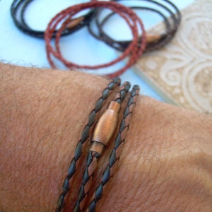 Braided Leather Bracelet: Thin Triple Wrap with Copper Clasp