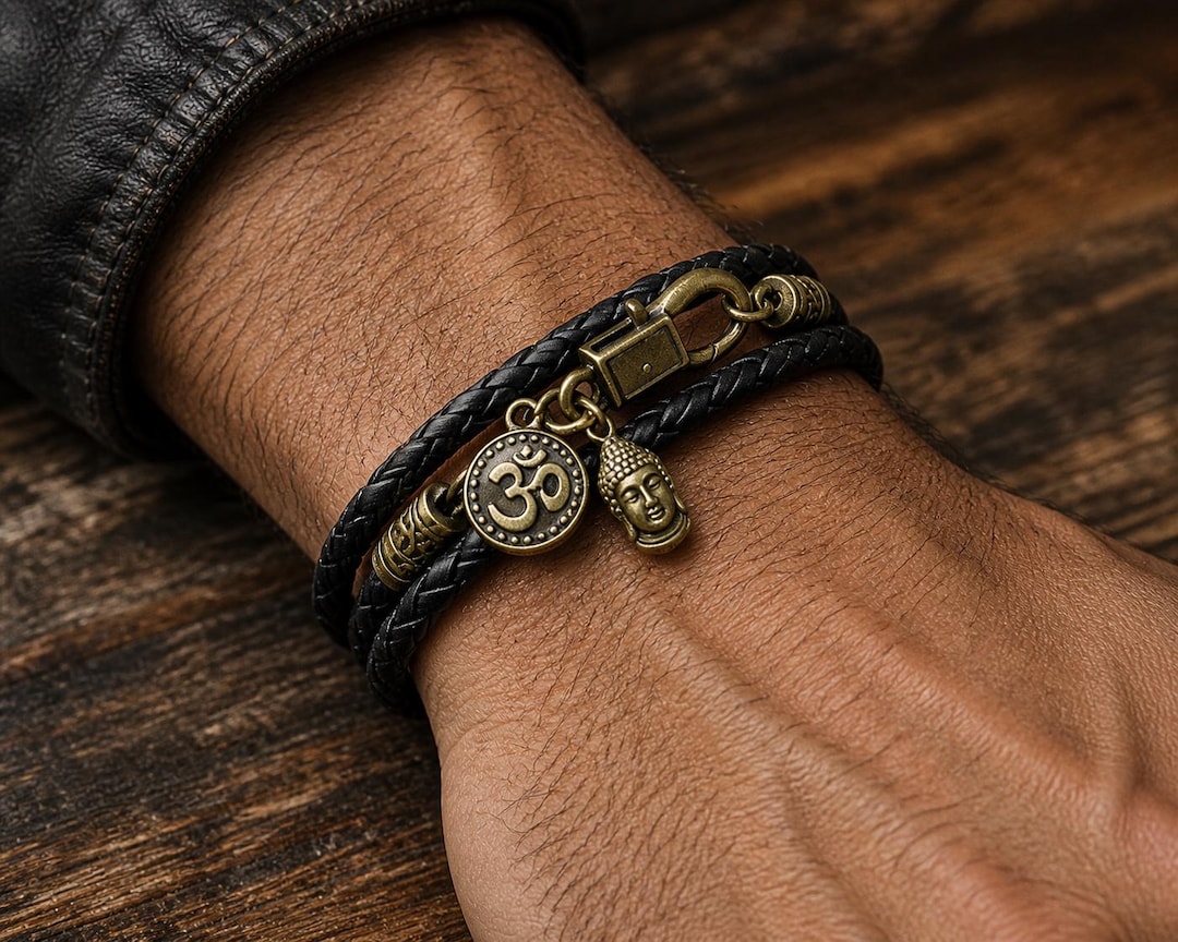 Braided Leather Wrap Bracelet: Buddha Om Charm, Yoga Jewelry - Etsy