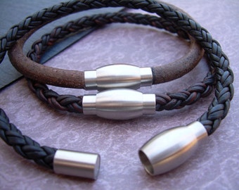 Braided Leather Bracelet with Stainless Steel Magnetic Clasp, Genuine Leather Bracelet, Custom Sized leather Bracelet