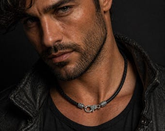 Unisex Braided Leather Necklace: 5mm Cord Choker, Antique Silver Clasp,