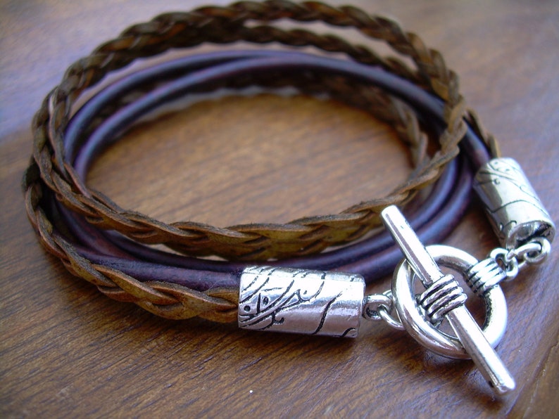 Double Strand Triple Wrap Leather Bracelet With Silver Toned Etsy