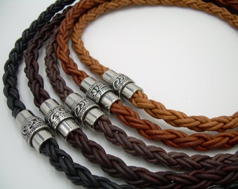 Mens Leather Necklaces, Leather Necklace, Mens Thick Braided Leather Necklace with Filigreed Stainless Steel Magnetic Clasp, Mens Necklace,
