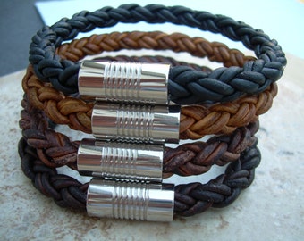 Double Strand Braided Genuine Leather Cuff Bracelet with Stainless Steel Magnetic Clasp