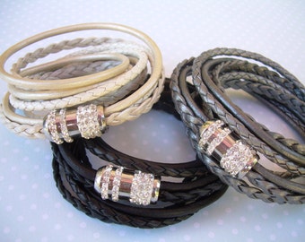 Womens Triple Wrap Leather Bracelet, Womens Leather Bracelets,  Rhinestone Bracelet, Womens Bracelets