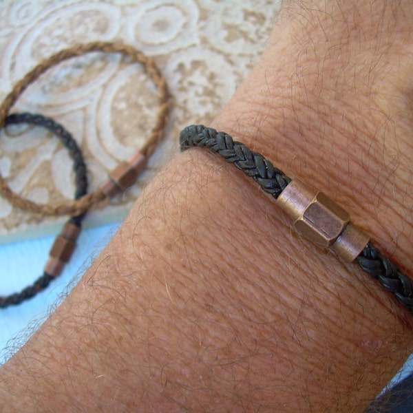 Copper Toned Brass Magnetic Clasp Leather Bracelet, Mens Jewelry, Mens Bracelet, Leather Bracelet, Mens Gift, Groomsmen Gift, Boyfriend Gift