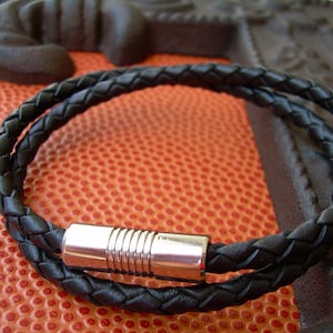 Braided Black Leather Mens Bracelet: Double Wrap Magnetic Clasp