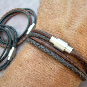 Mens Leather Bracelet: Double Wrap, Braided & Smooth Cords, Stainless Steel Clasp