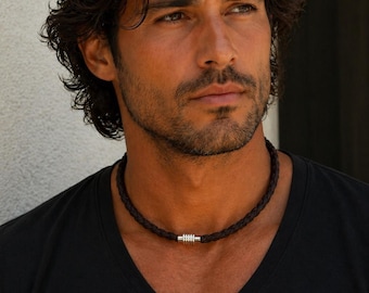 Collier homme en cuir tressé : fermoir magnétique en acier inoxydable, cordon de 8 mm d'épaisseur