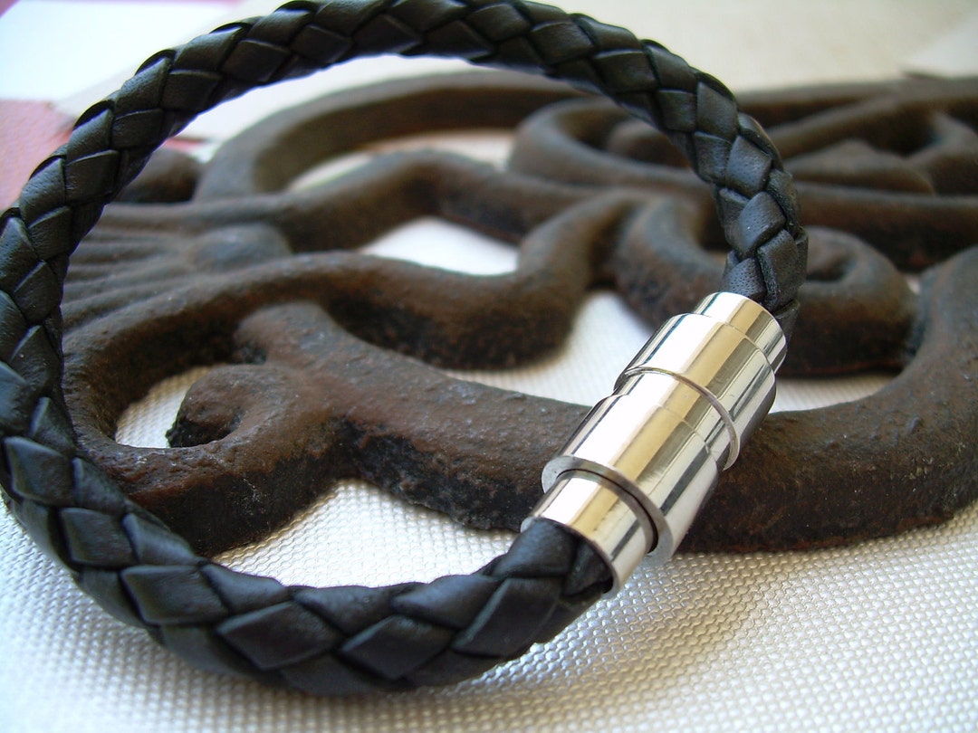 Bracciale Uomo In Pelle Nera Intrecciata, Largo, Con Chiusura Magnetica, 21 Cm, Regalo Per Compleanno E Natale - 3