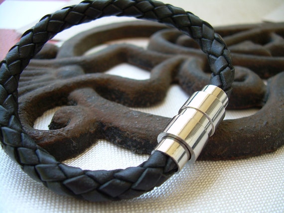 Mens Black Braided Leather Bracelet: Stainless Steel Magnetic Clasp, Custom Sized, 6mm Bolo Cord
