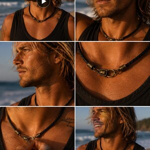 Gevlochten leren ketting: uniseks koordchoker, rustieke antieke bronzen sluiting afbeelding 3