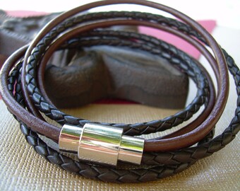 Triple Wrap Leather Bracelet, Mens Stainless Steel Magnetic Clasp