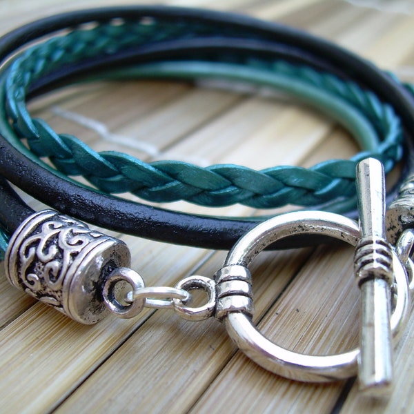 Womens  Double Wrap Leather Bracelet with Toggle Clasp,  Teal and Black, Mothers Day Gift, Coworker Gift for her