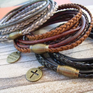 Leather Wrap Bracelet: Cross/Om Charm, Brass Magnetic Clasp