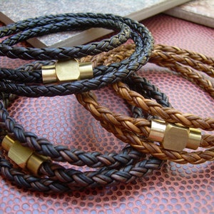 Industrial Styled Mens Triple Wrap Braided Leather Bracelet With Raw Brass Magnetic Clasp