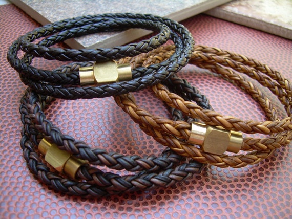 Industrial Styled Mens Triple Wrap Braided Leather Bracelet With