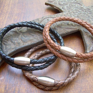 Mens Braided Leather Bracelet: Double Wrap with Magnetic Clasp