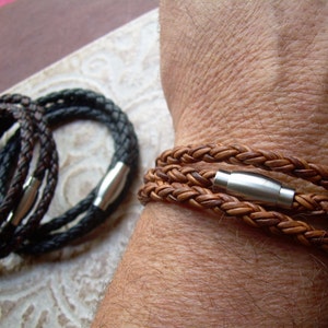 Simple Braided Leather Wrap Bracelet, Handmade Bracelet for Him, Custom Sized Leather Bracelet, Woven Magnetic Clasp Bracelet