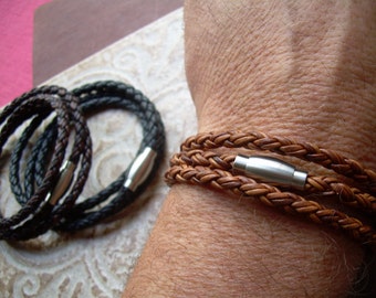 Men Leather Bracelet, Triple Wrap Style with Stainless Steel Magnetic Clasp, Braided Wristband,