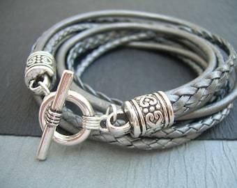 Metallic Gray Leather Wrap Bracelet: Antique Silver Toggle Clasp