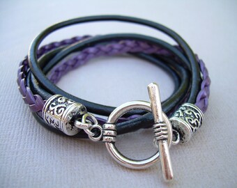 Bracelet tour de cou en cuir violet : baies tressées, bascule en argent antique, fait main aux États-Unis