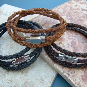 Woven Leather Bracelet: Triple Wrap Braided Cord with Stainless Steel Clasp