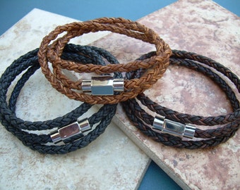 Mens Leather Bracelet, Leather Bracelets for Men, Braided Leather Wrap Bracelet,  Magnetic Clasp Bracelet