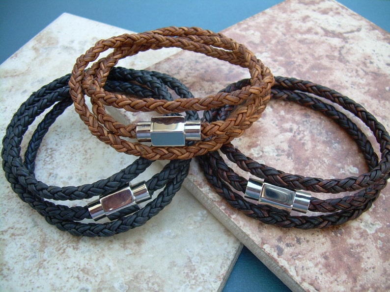 Mens Leather Bracelet, Leather Bracelets for Men, Braided Leather Wrap Bracelet, Magnetic Clasp Bracelet image 1