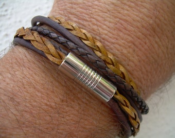 Brown Genuine Leather Wrap Bracelet, Masculine Natural Tones Bracelet, Mens Leather Anniversary Gift