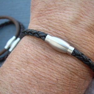 Simple Leather Cuff Bracelet with Stainless Steel Magnetic Clasp, Braided Leather Bracelet