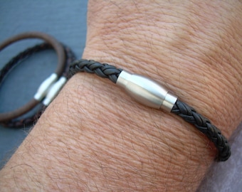 Braided Leather Cuff Bracelet: Stainless Steel Magnetic Clasp