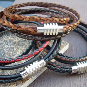 Braided Leather Double Wrap Bracelet: Stainless Steel Magnetic Clasp