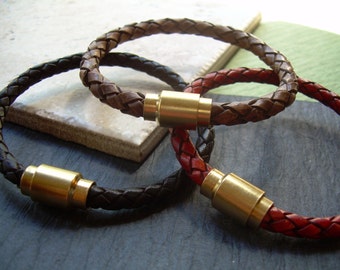 Braided Leather Bracelet with Brass Magnetic Clasp, Leather Bracelets for Men, Mens Bracelets Leather, Mens Jewelry, Braided Bracelet,