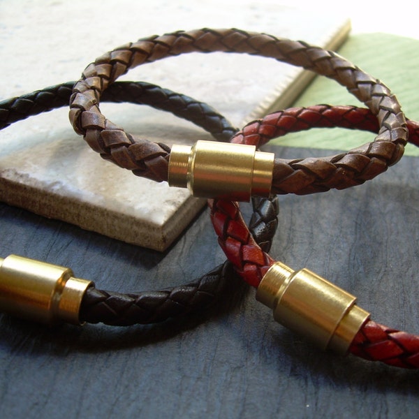 Braided Leather Bracelet with Brass Magnetic Clasp, Leather Bracelets for Men, Mens Bracelets Leather, Mens Jewelry, Braided Bracelet,