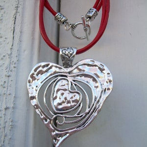 Heart Pendant Necklace, Long Leather Necklace, Heart Jewelry Gift,  Red Cord Choker, Boho Style Accessory,  Custom Handmade