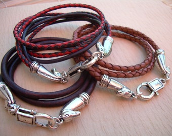 Leather Bracelet: Equestrian Horse Head Three Wrap Style with Antique Silver Lobster Clasp