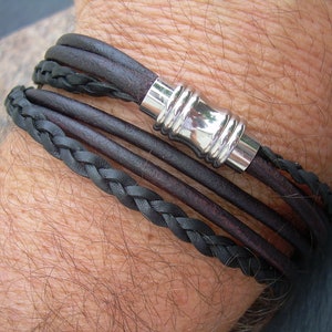 Black Leather Bracelet, Double Wrap Style, Stainless Steel Magnetic Clasp, High Quality, 3mm Braided and Smooth Cords, Handmade to Order