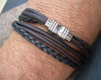 Men's Black Leather Multi-Strand Bracelet: Stainless Steel Magnetic Clasp
