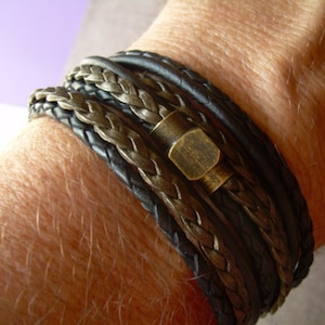 Leren herenarmbanden, leren herenarmbanden, leren wikkelarmband, antieke koperen armband met magnetische sluiting