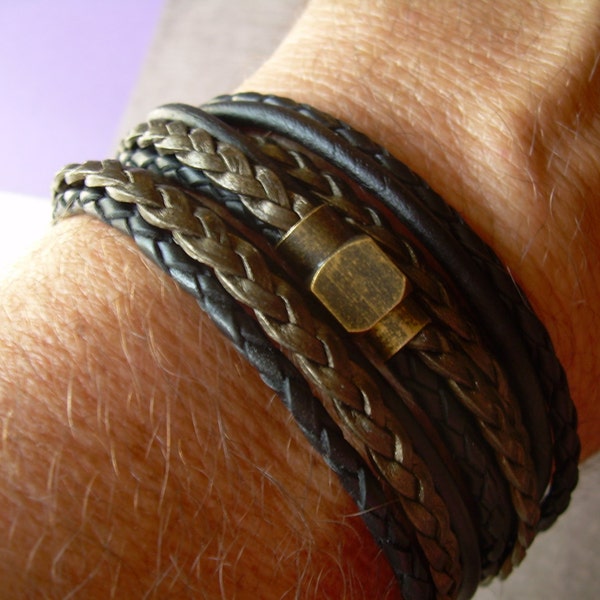 Bracelets en cuir pour hommes, Bracelets pour hommes en cuir, Bracelet en cuir, Bracelet à fermoir magnétique en laiton antique