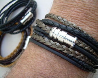 Triple Wrap Leather Bracelet, Thick Leather Wrap Bracelet, Men's Leather Bracelet, Magnetic Clasp Bracelet, Custom Sized Leather Bracelet