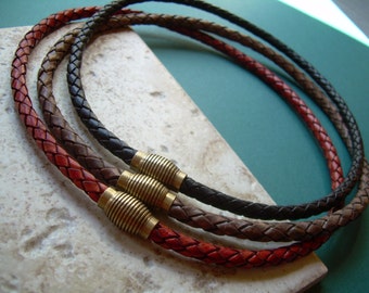 Mens Leather Necklace, Braided Leather Necklace, Braided Leather Necklace with Antique Bronze Toned Spiral Magnetic Clasp