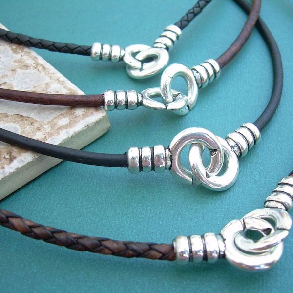 Leather Infinity Necklace with Silver Toned Interlocking Clasp, Mens Leather Infinity Necklace, Womens Leather Necklace