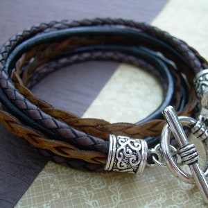Brown Leather Triple Wrap Bracelet: Antique Silver Toggle Clasp